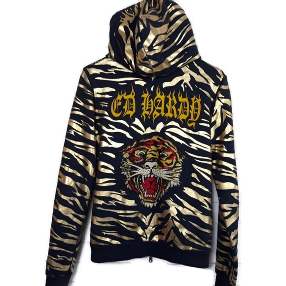 Ed Hardy Gold Tiger Rhinestone Zipup 